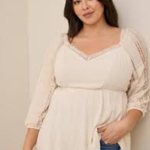 Torrid Baby Doll Top Size 2X Beige Gauze Clip Dot Layered 3/4 Length Sleeves - Picture 1 of 10